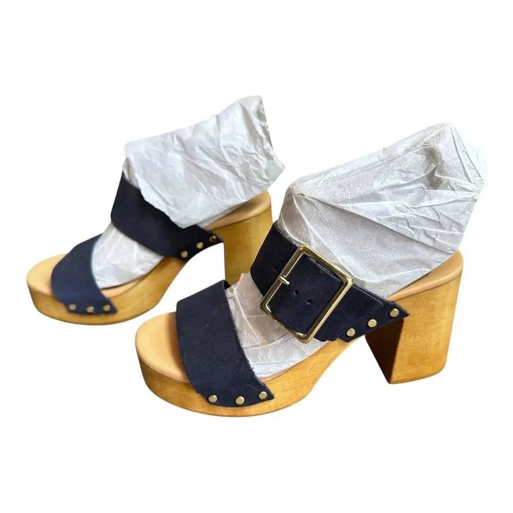 Avellini Navy Suede Leather Wooden Heels Sandals Heels Size US 7.5 Made in Italy